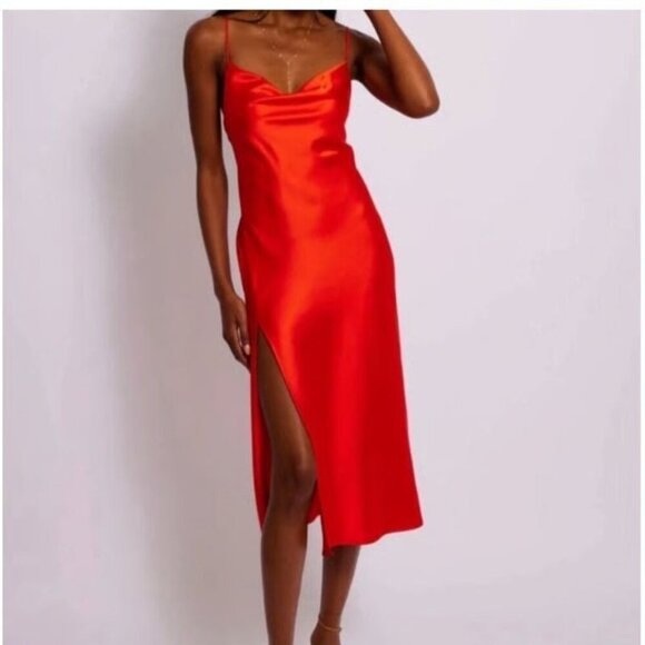 RESA Red Satin Madison Slip Open Back Women MidiDress Size Small - Picture 2 of 12